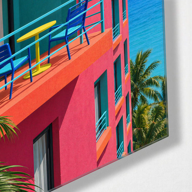 Pink Balcony, Blue Chairs glass wall art, corner view