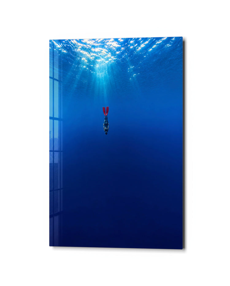 Down She Goes glass wall art, studio view