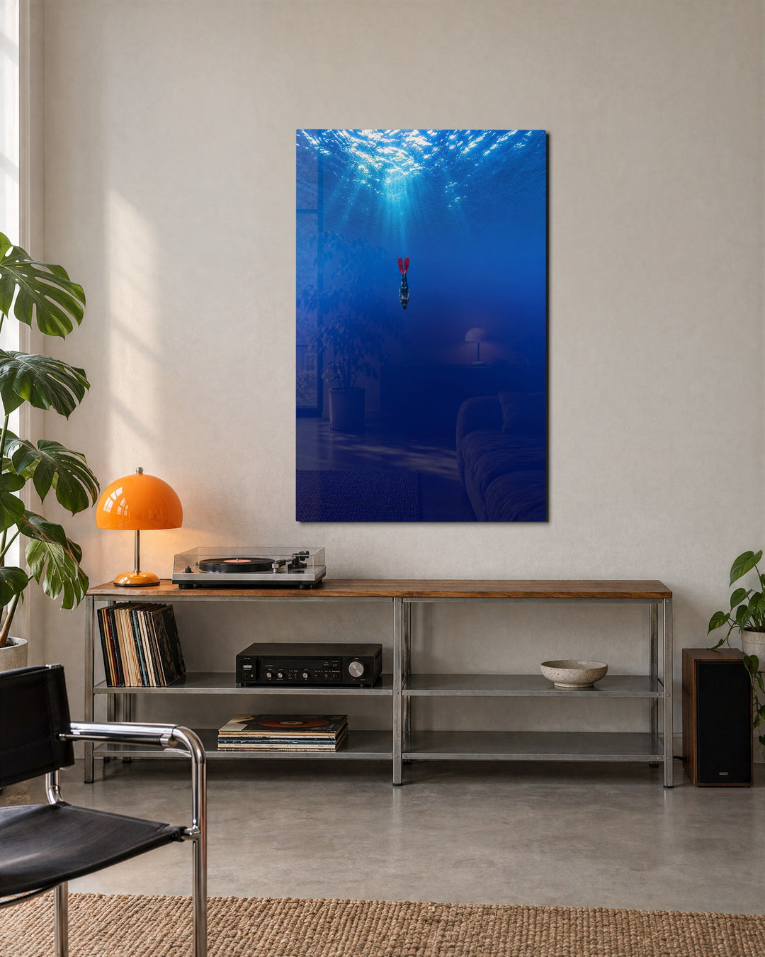 Down She Goes glass wall art, lifestyle view