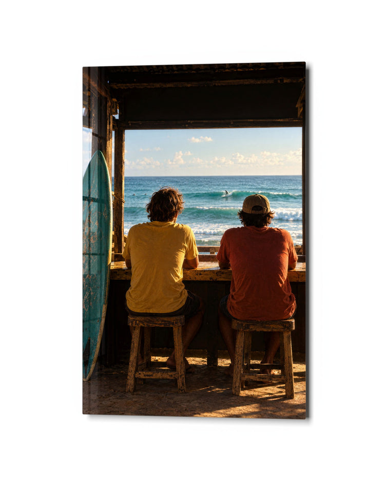 Counter by the Surf glass wall art, studio view