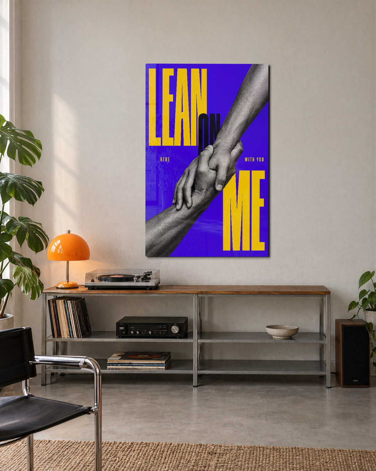 Hands Out glass wall art, lifestyle view