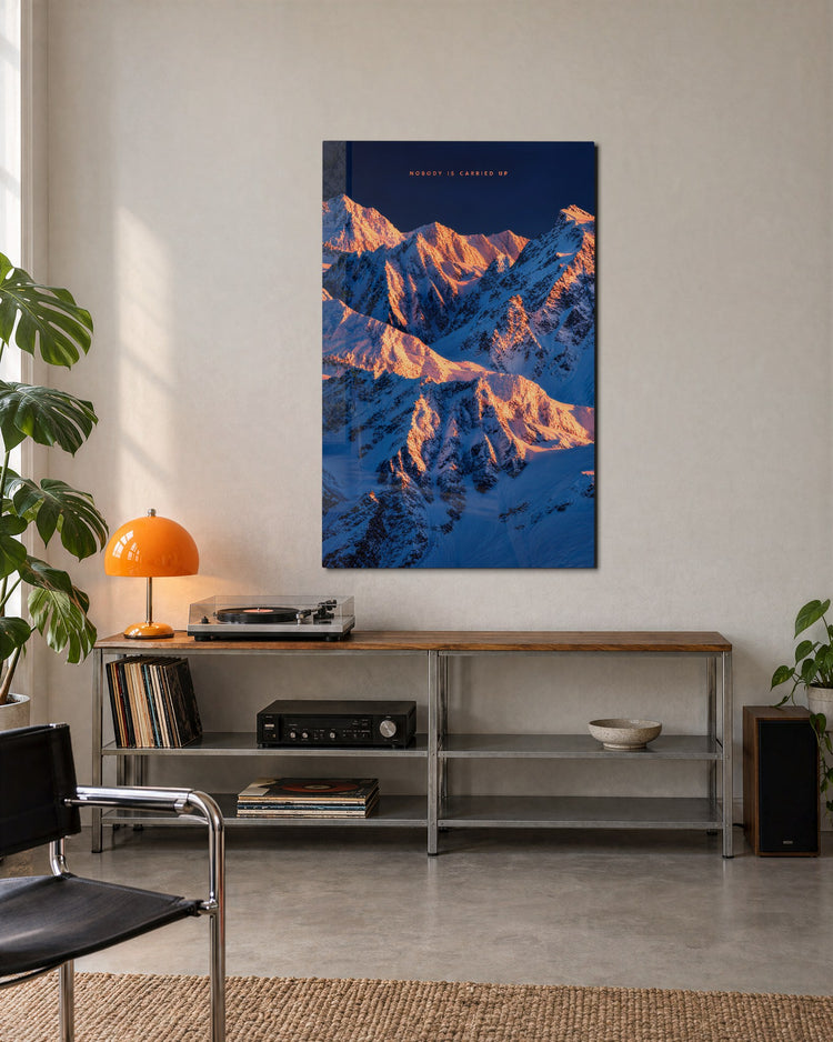 Peaks Pay No Favors glass wall art, lifestyle view