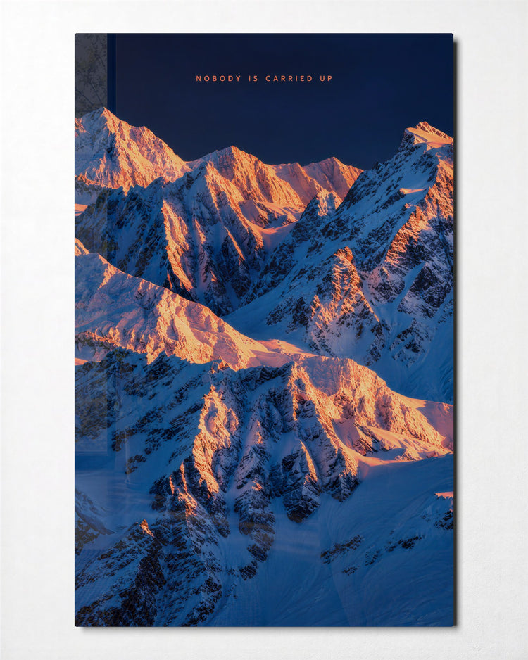 Peaks Pay No Favors glass wall art, front view
