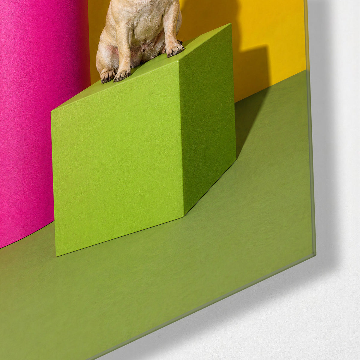 Unimpressed on a Cube glass wall art, corner view