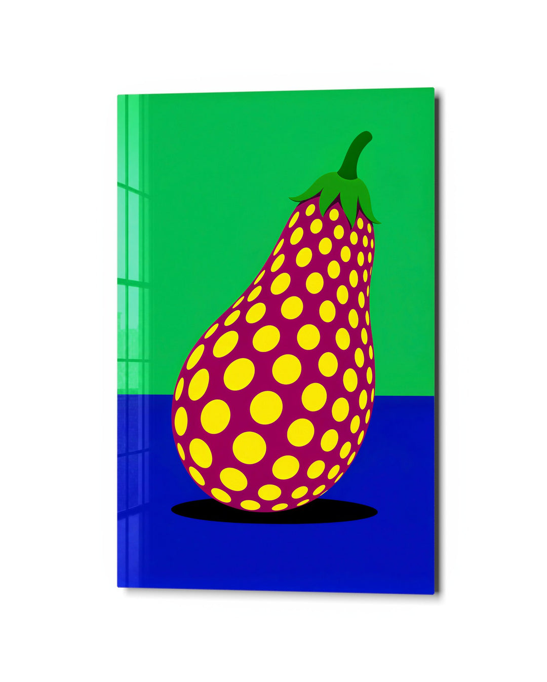Polka Dot Eggplant glass wall art, studio view