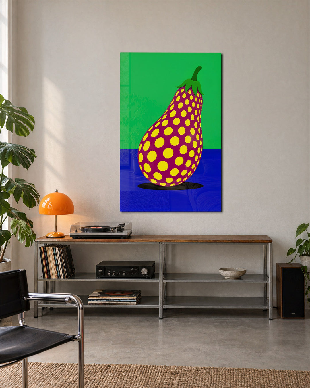 Polka Dot Eggplant glass wall art, lifestyle view