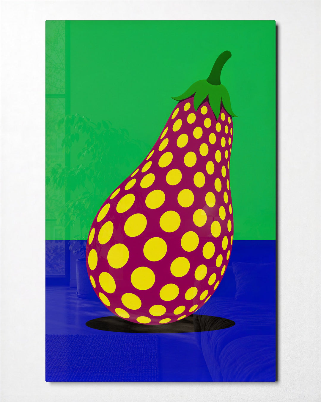 Polka Dot Eggplant glass wall art, front view