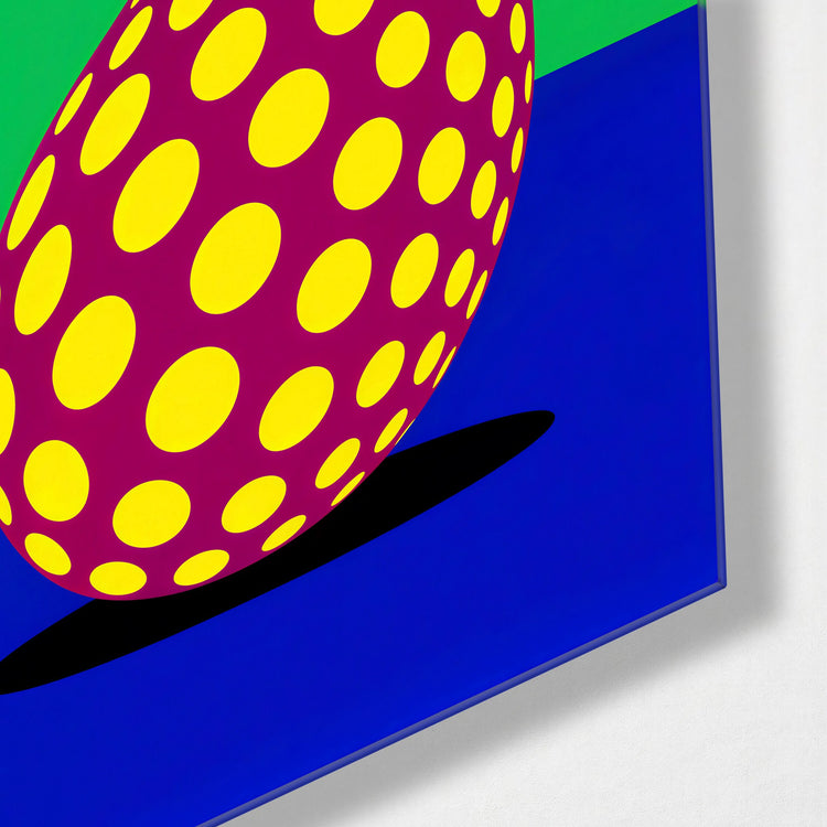 Polka Dot Eggplant glass wall art, corner view