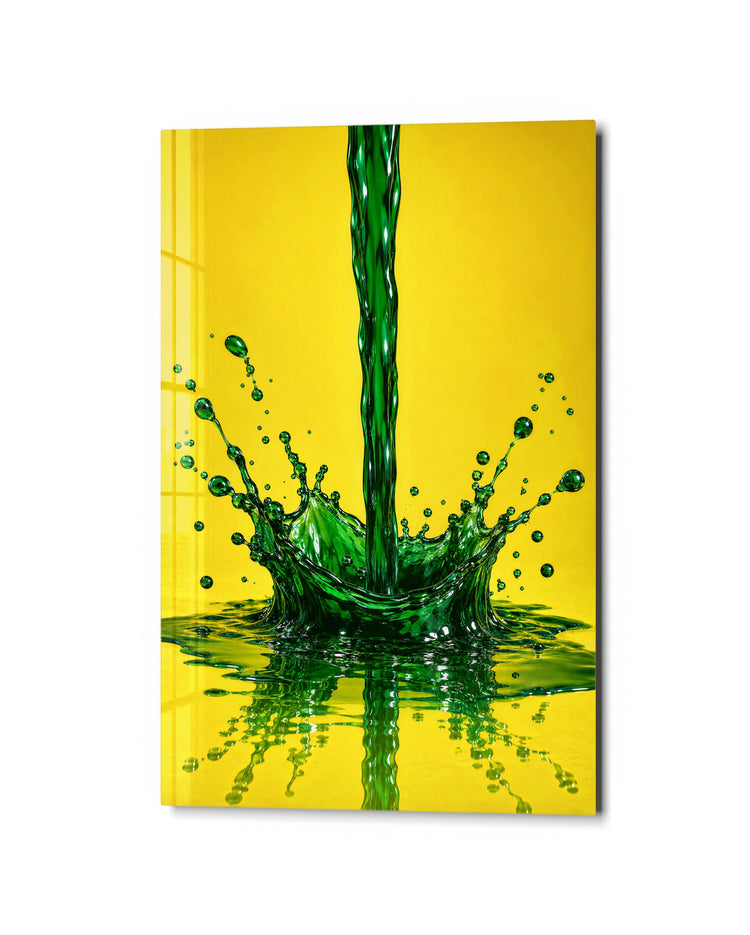 Liquid Crown on Yellow glass wall art, studio view