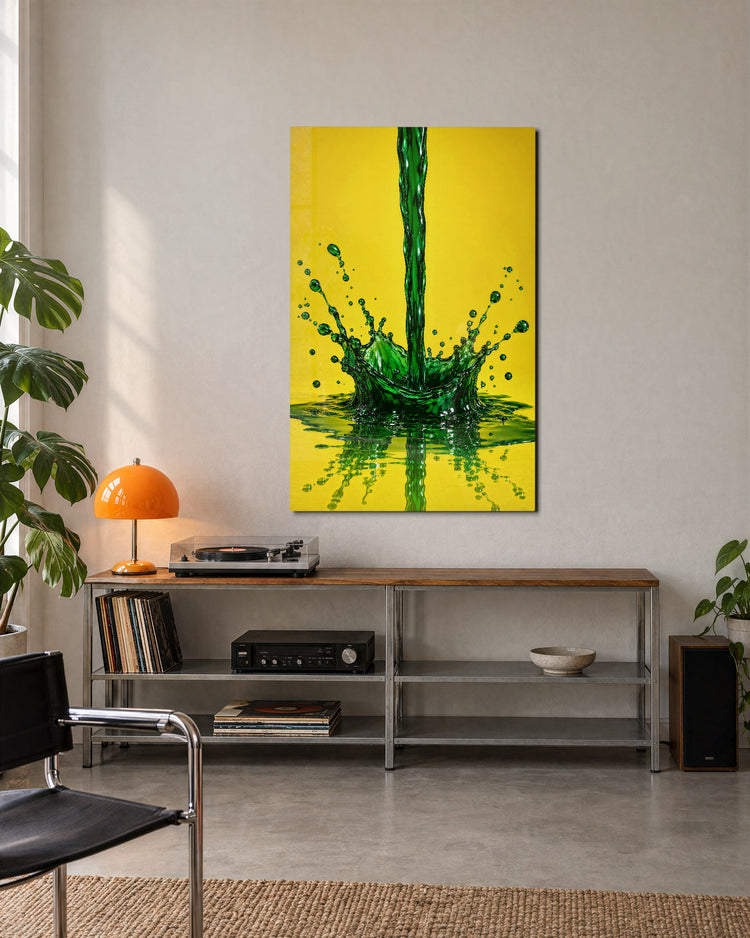 Liquid Crown on Yellow glass wall art, lifestyle view