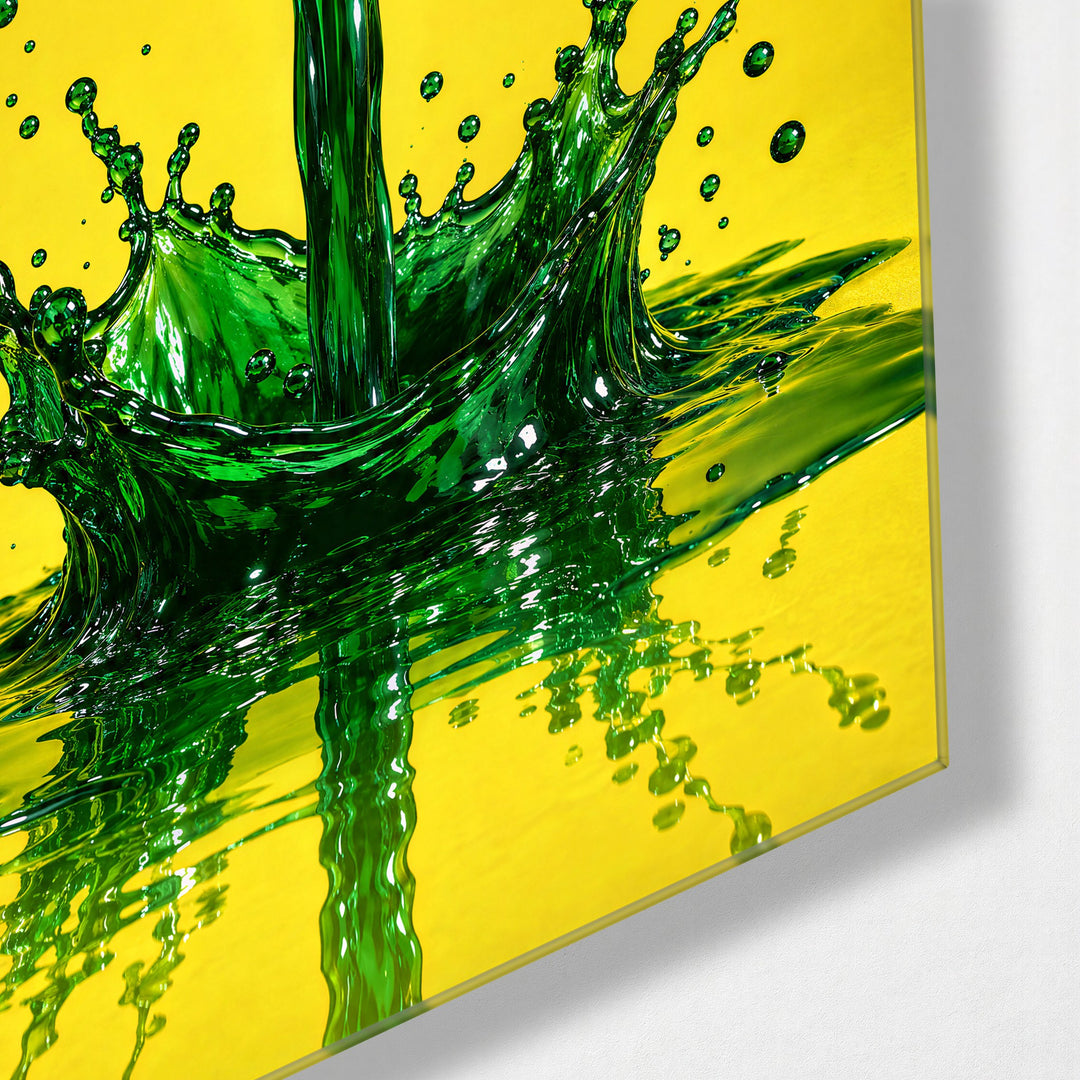 Liquid Crown on Yellow glass wall art, corner view