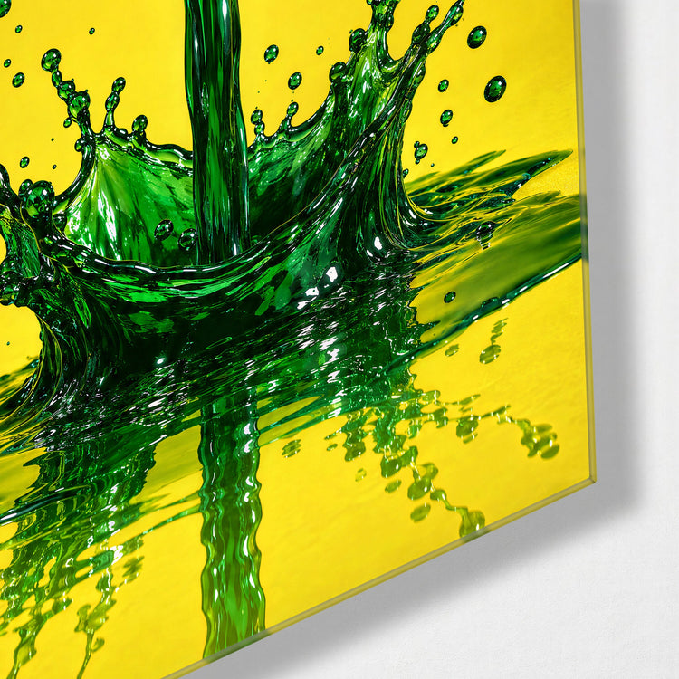 Liquid Crown on Yellow glass wall art, corner view