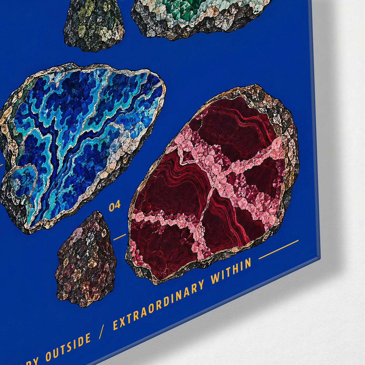 Geodes Cracked Open glass wall art, corner view