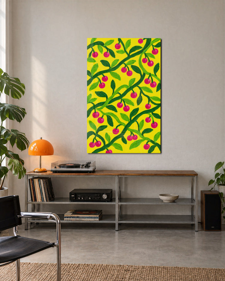 Pink Fruit, Sunny Day glass wall art, lifestyle view
