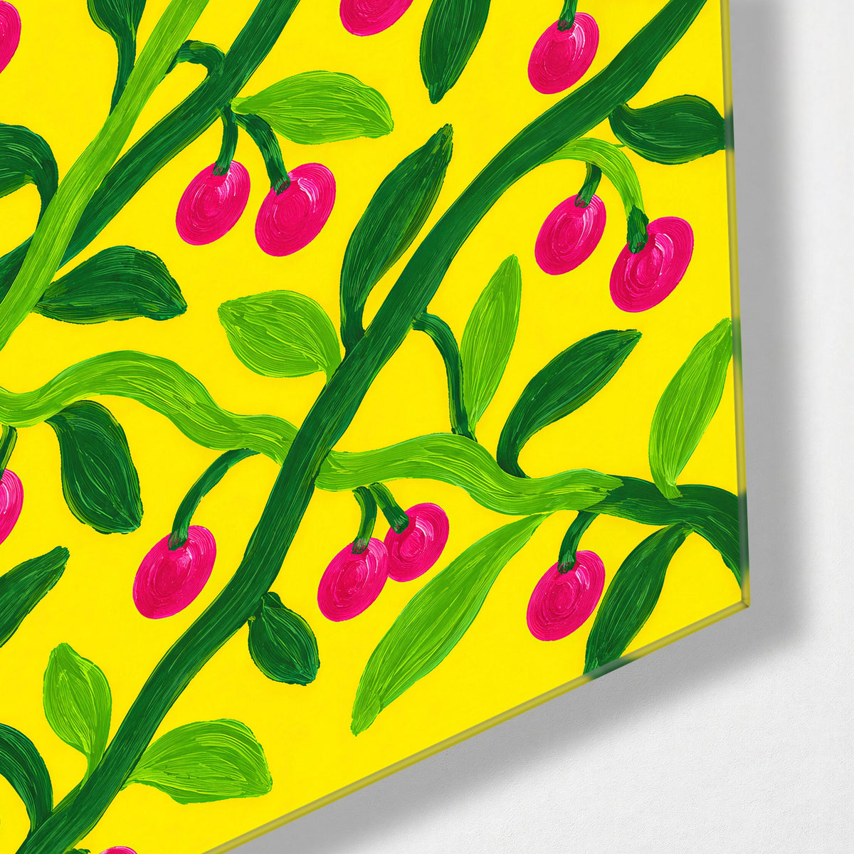Pink Fruit, Sunny Day glass wall art, corner view