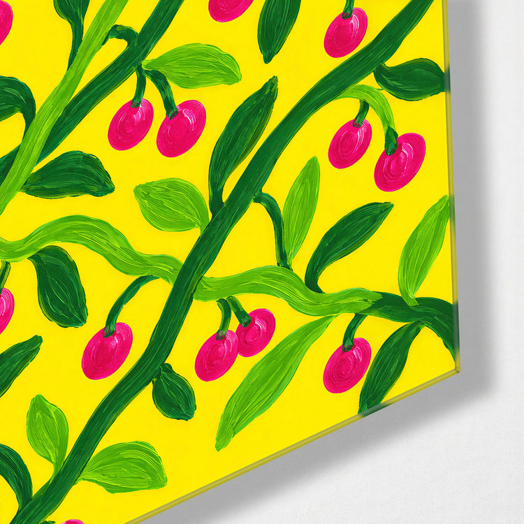 Pink Fruit, Sunny Day glass wall art, corner view