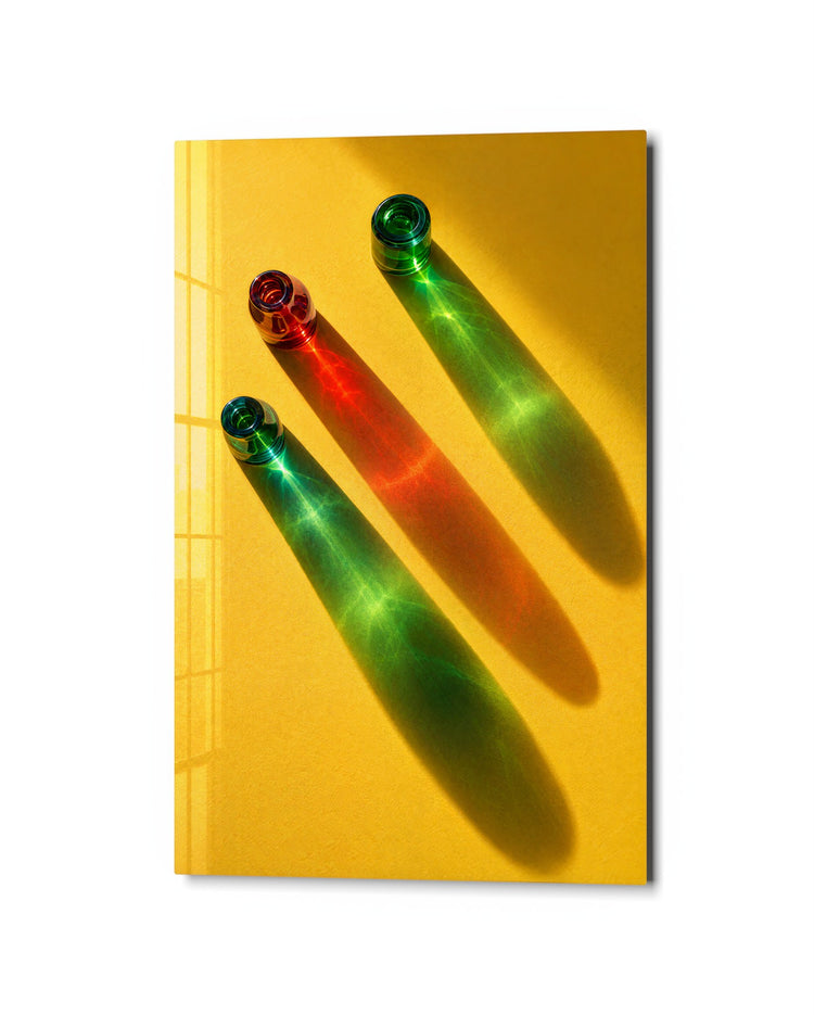 Bottles Painting With Light glass wall art, studio view