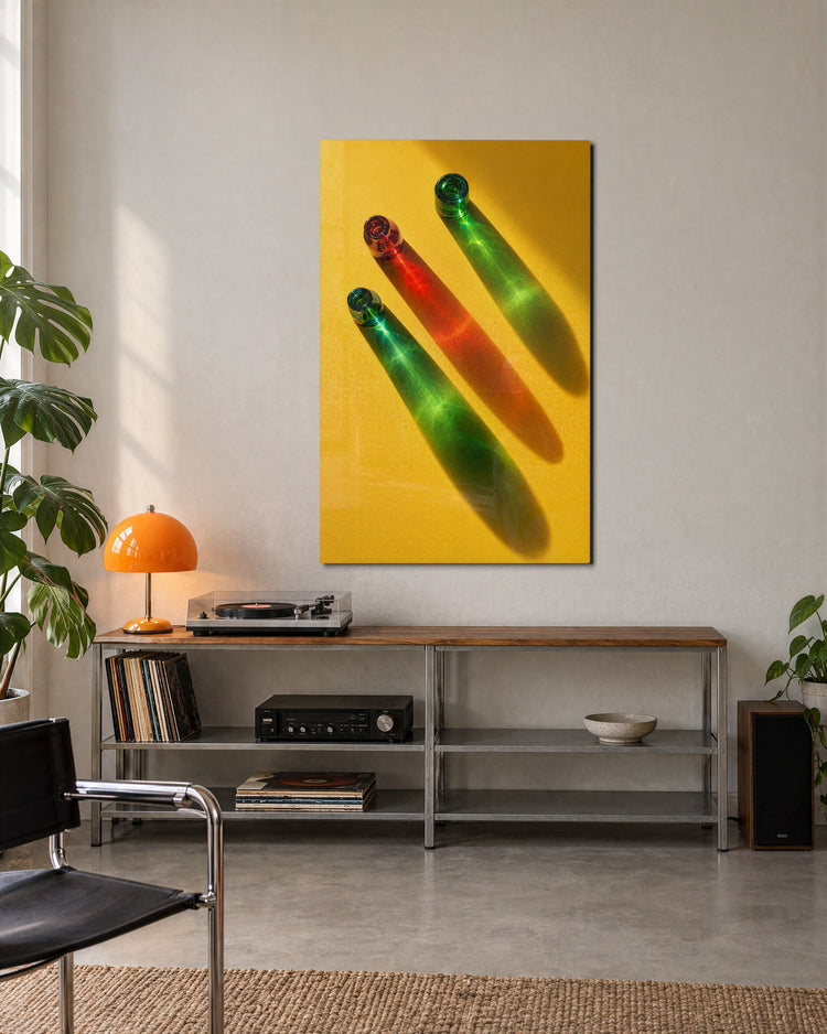 Bottles Painting With Light glass wall art, lifestyle view