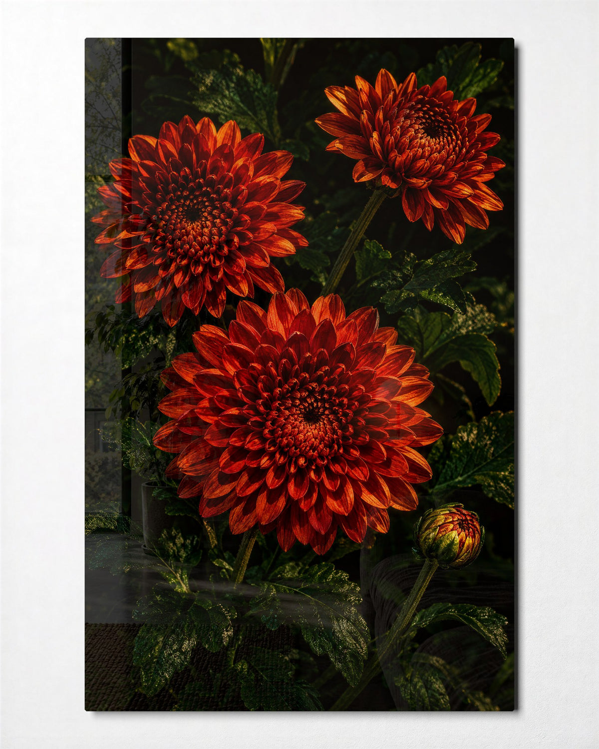 Petal Pile-Up, Dark Leaves glass wall art, front view