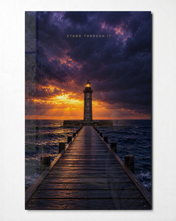 Pier Toward a Lone Beacon glass wall art, front view