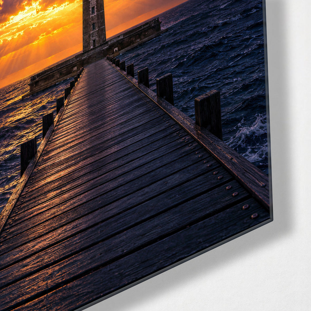 Pier Toward a Lone Beacon glass wall art, corner view