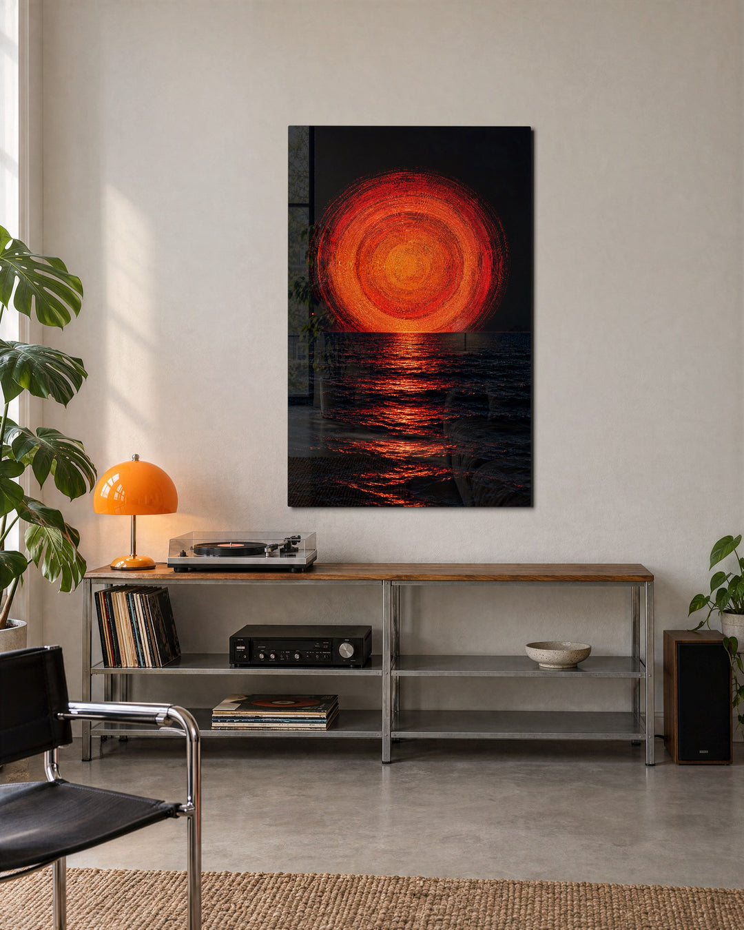 Orange Halo Over Black Water glass wall art, lifestyle view