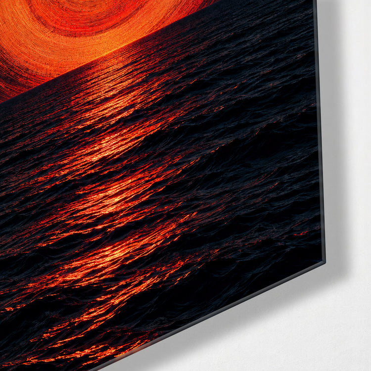 Orange Halo Over Black Water glass wall art, corner view