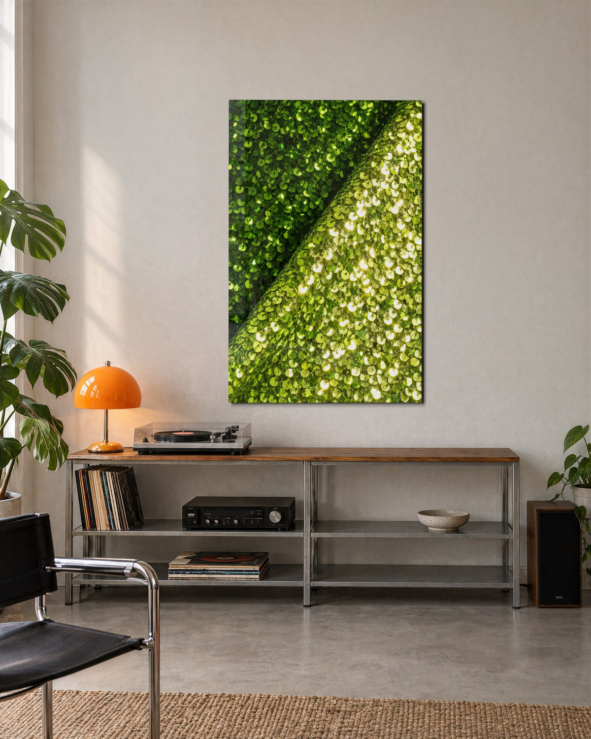 Dew on a Diagonal Vein glass wall art, lifestyle view