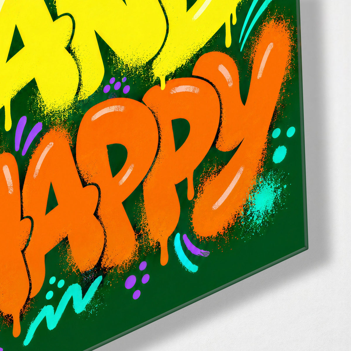Doodles and Spray Paint glass wall art, corner view