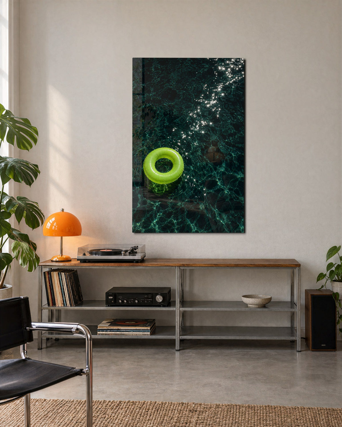 Lime Ring on Dark Water glass wall art, lifestyle view