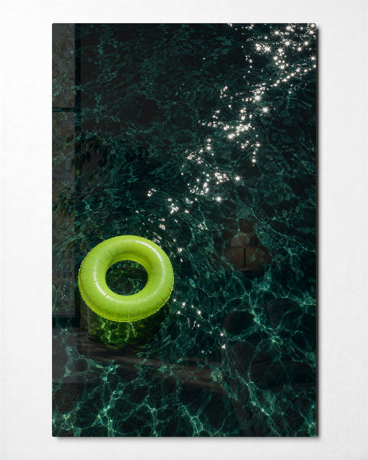 Lime Ring on Dark Water glass wall art, front view