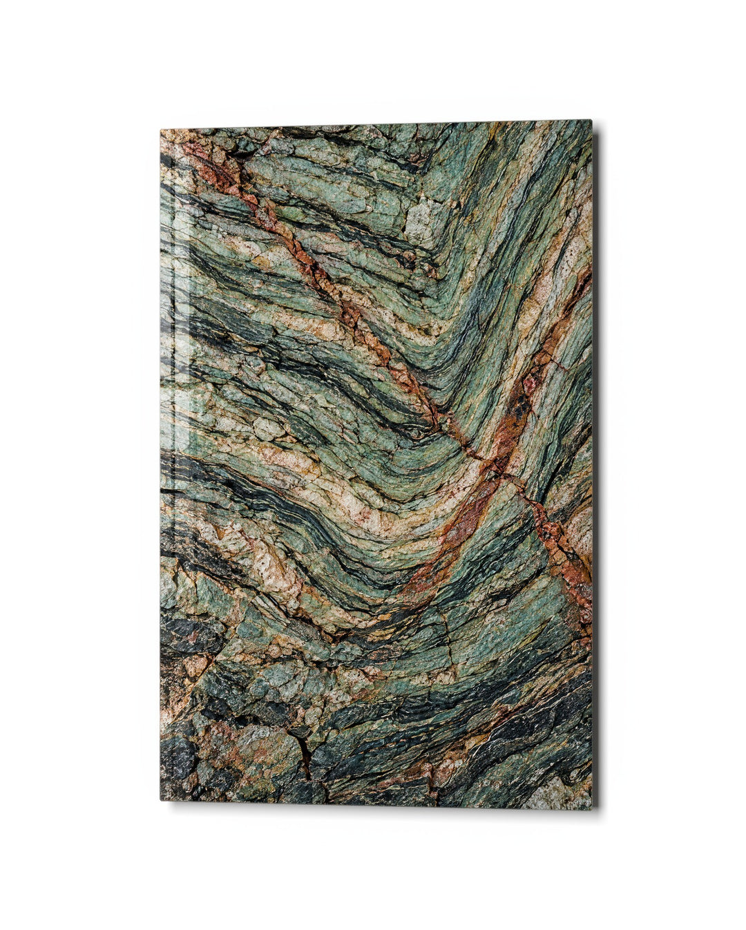 Rust Seams, Folded Stone glass wall art, studio view