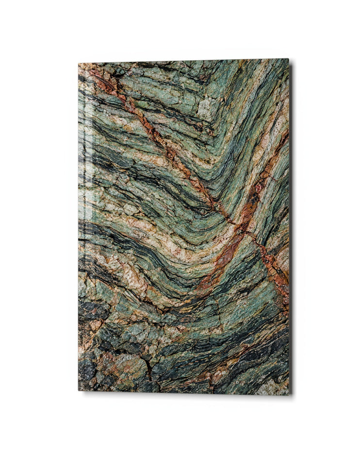 Rust Seams, Folded Stone glass wall art, studio view