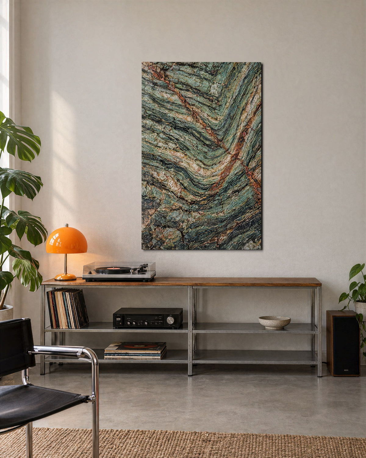 Rust Seams, Folded Stone glass wall art, lifestyle view