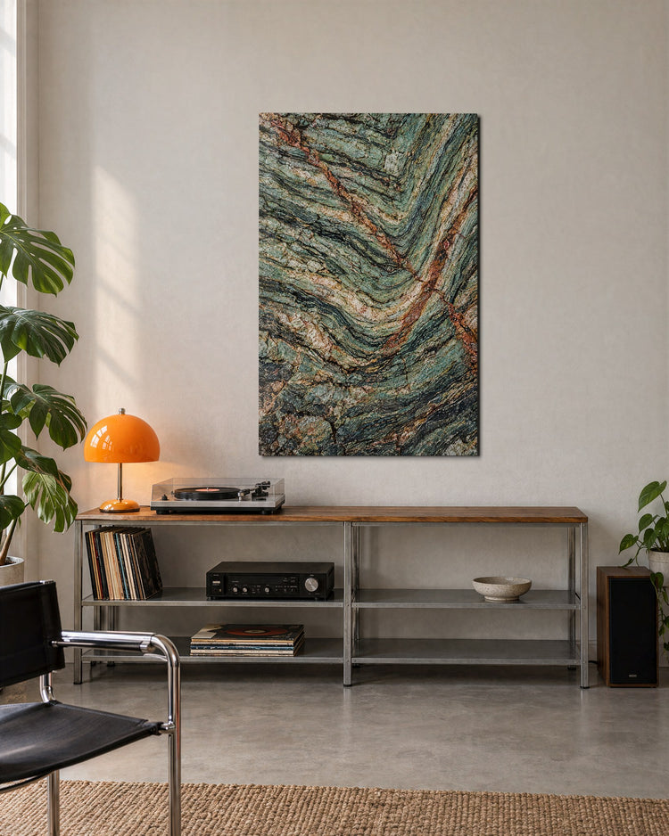 Rust Seams, Folded Stone glass wall art, lifestyle view