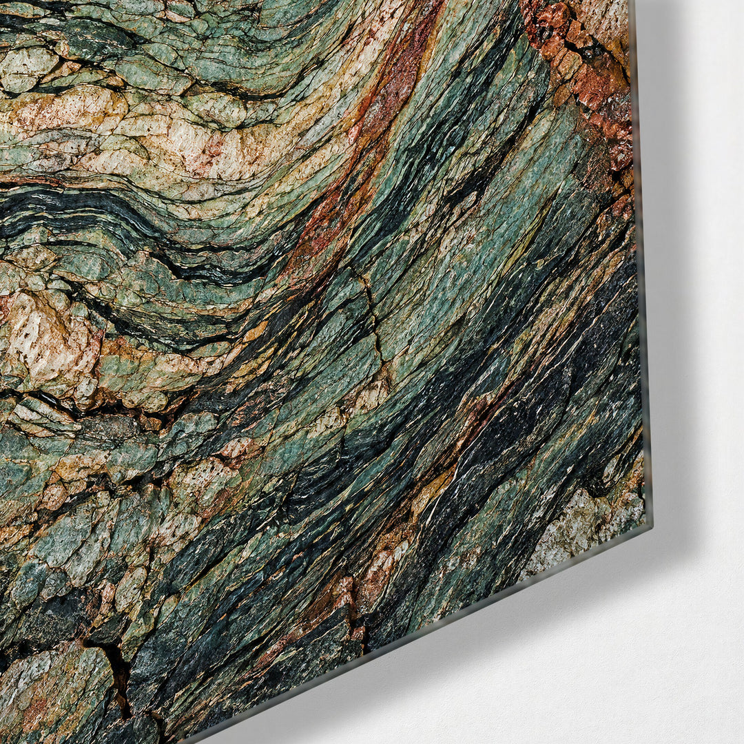 Rust Seams, Folded Stone glass wall art, corner view