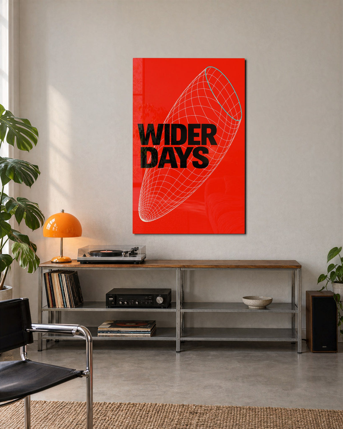 Stretched Out, Black on Red glass wall art, lifestyle view