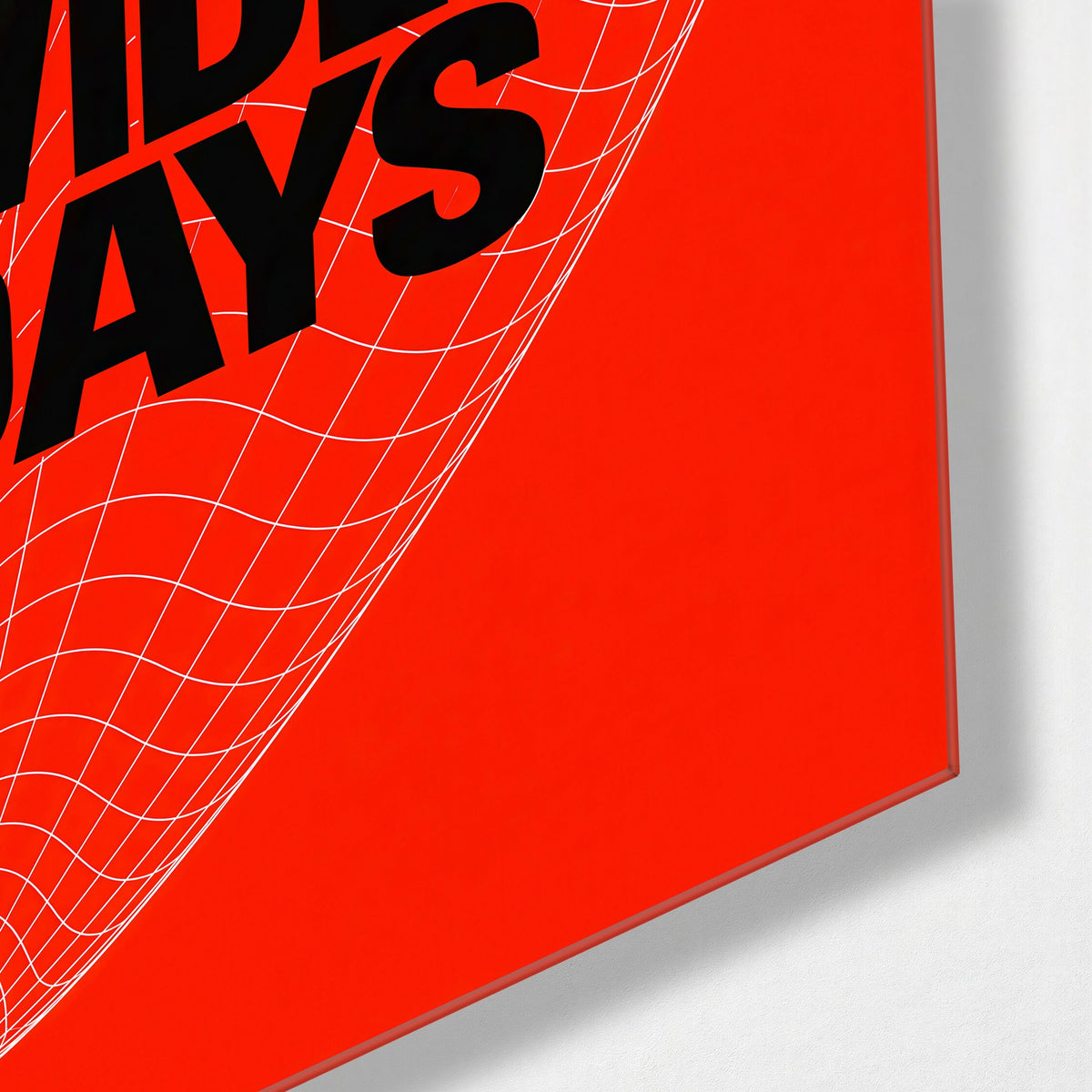 Stretched Out, Black on Red glass wall art, corner view