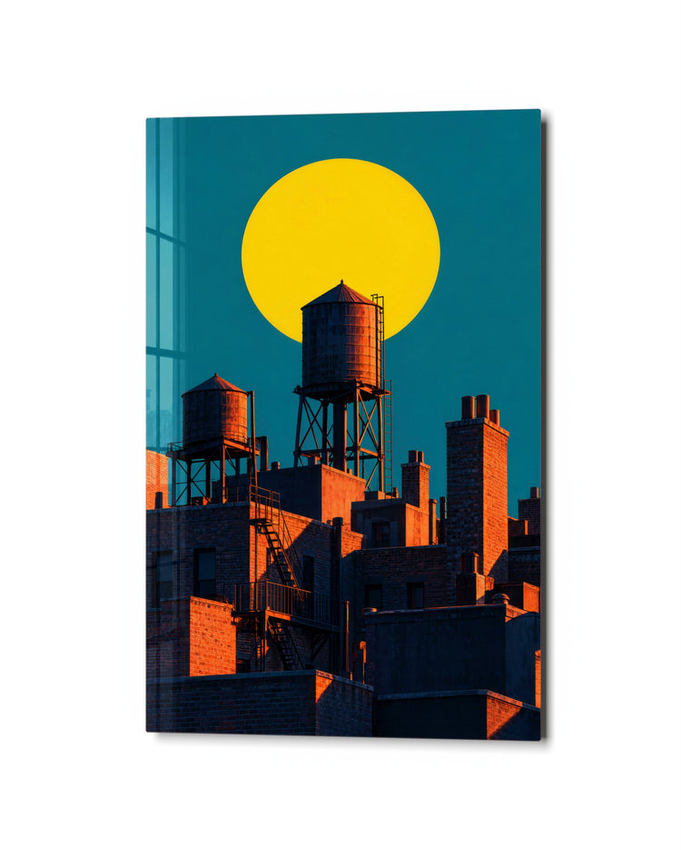 Brick Skyline, Giant Disc glass wall art, studio view