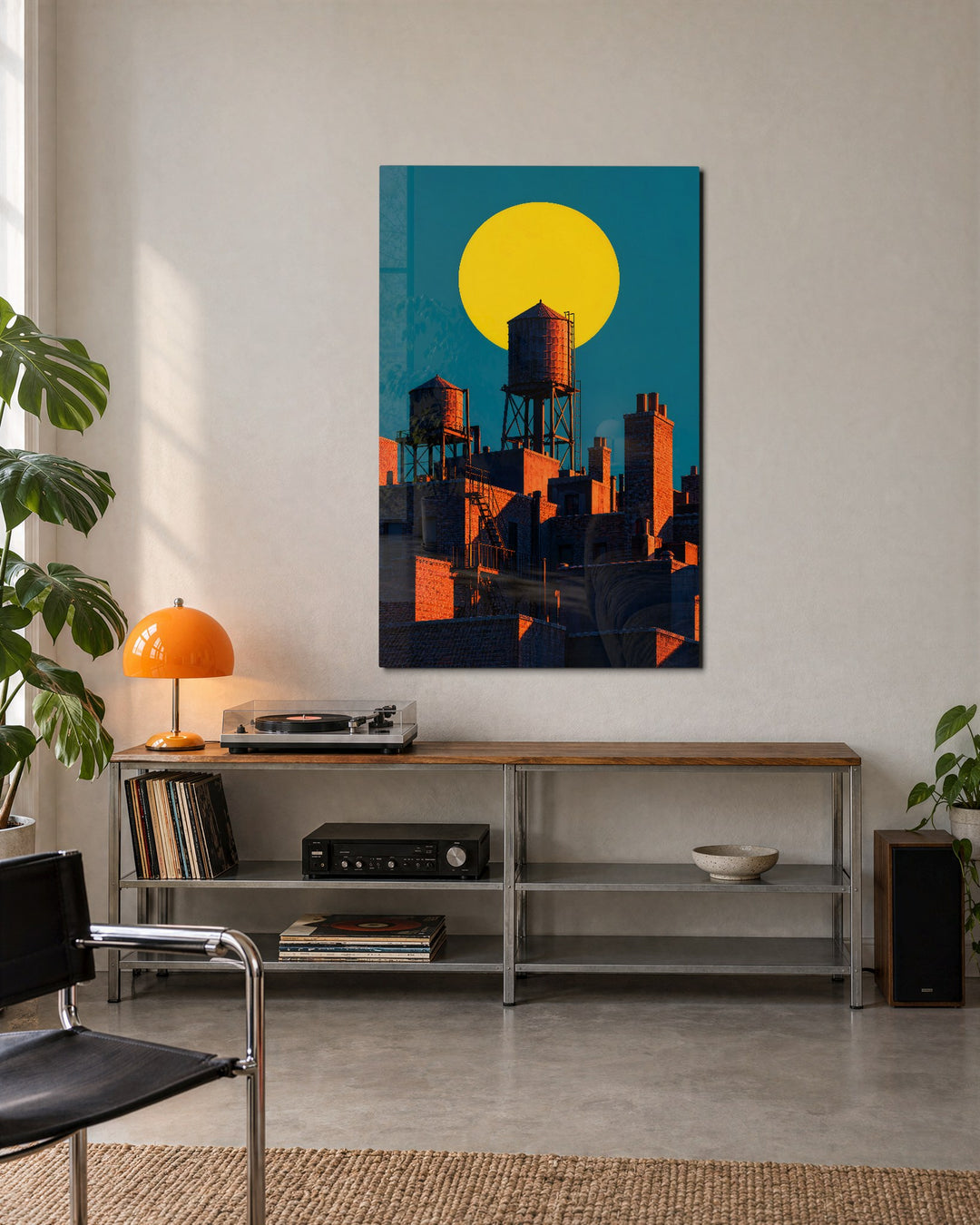 Brick Skyline, Giant Disc glass wall art, lifestyle view