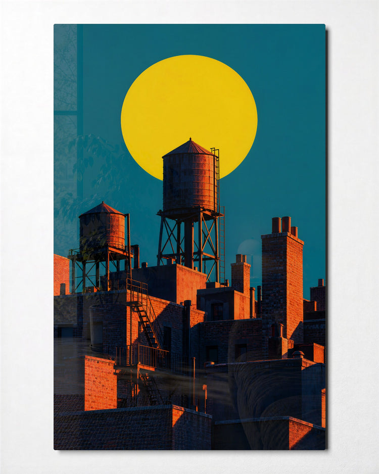 Brick Skyline, Giant Disc glass wall art, front view