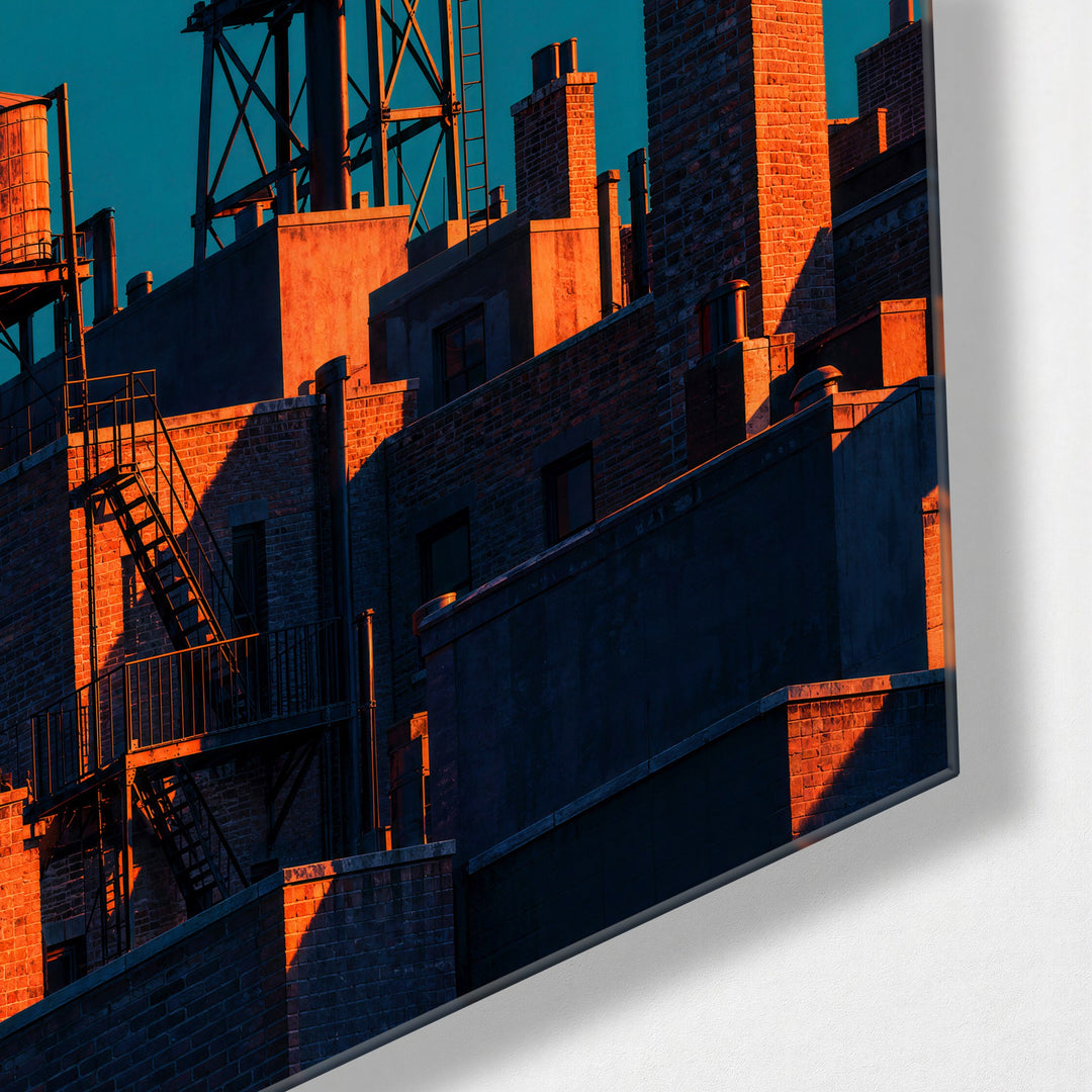 Brick Skyline, Giant Disc glass wall art, corner view