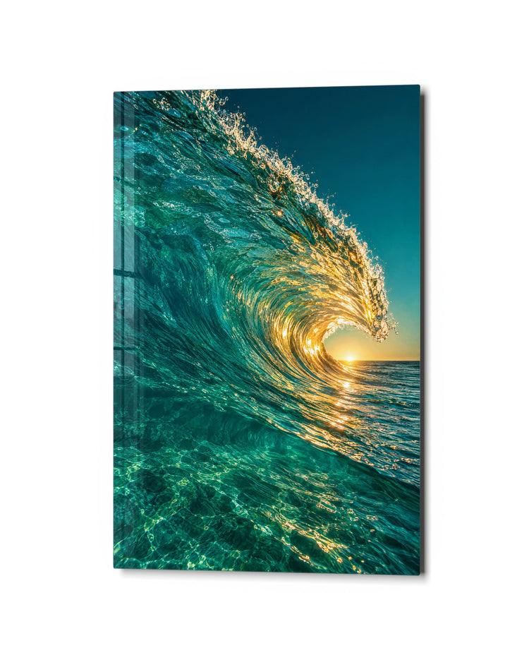 Breaking Wave at Low Sun glass wall art, studio view
