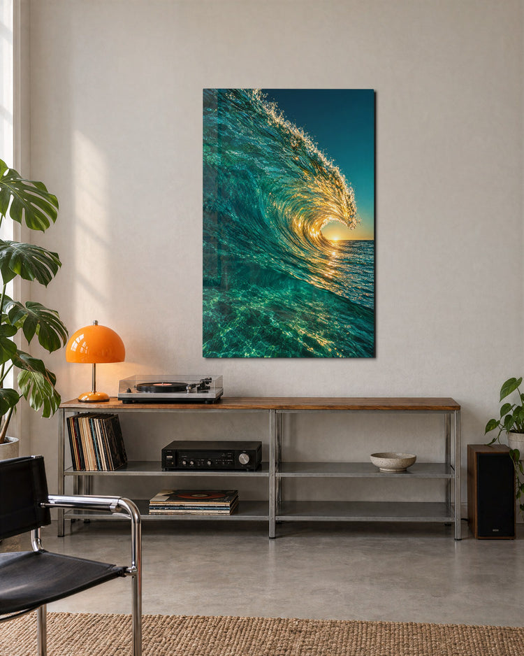 Breaking Wave at Low Sun glass wall art, lifestyle view