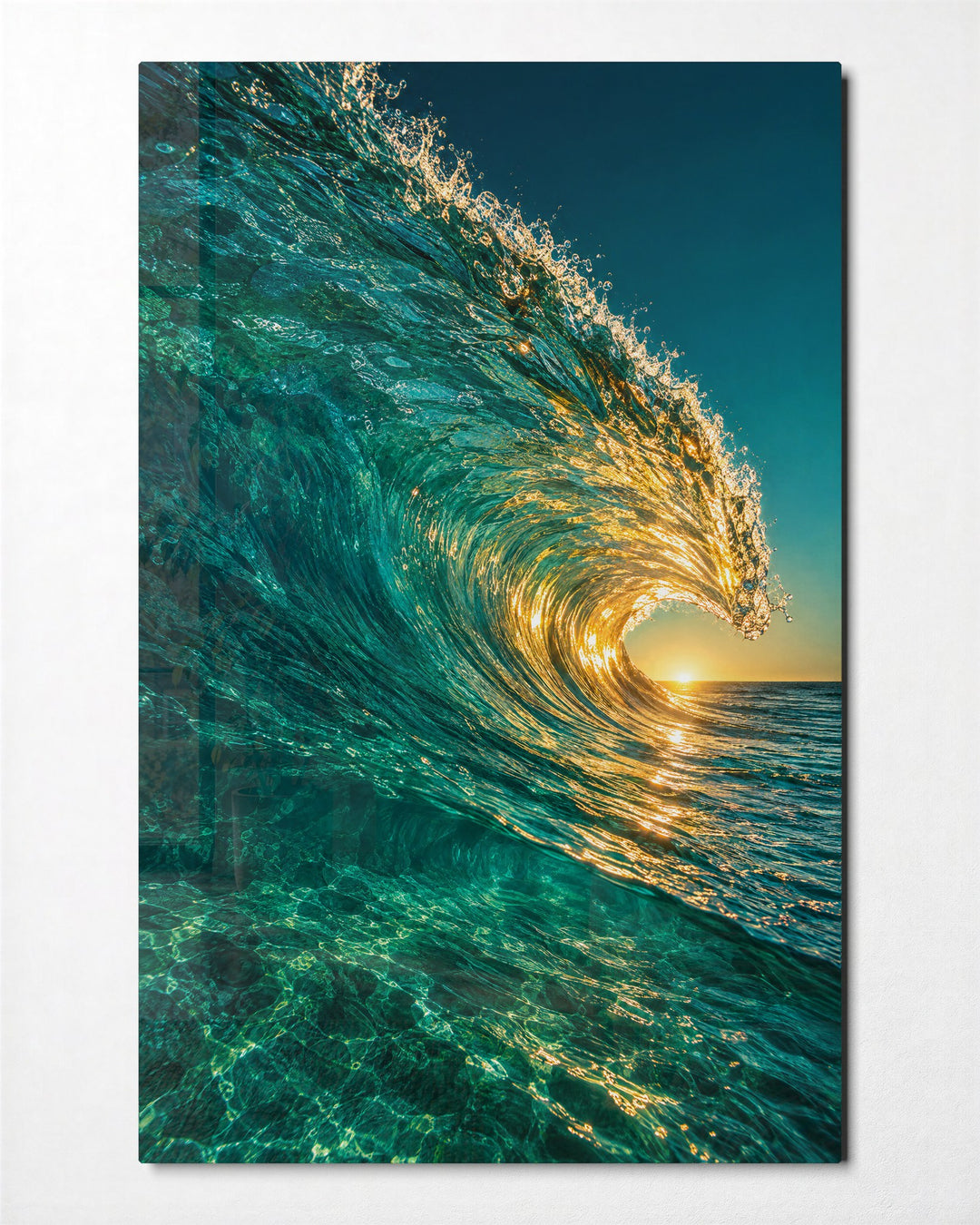Breaking Wave at Low Sun glass wall art, front view