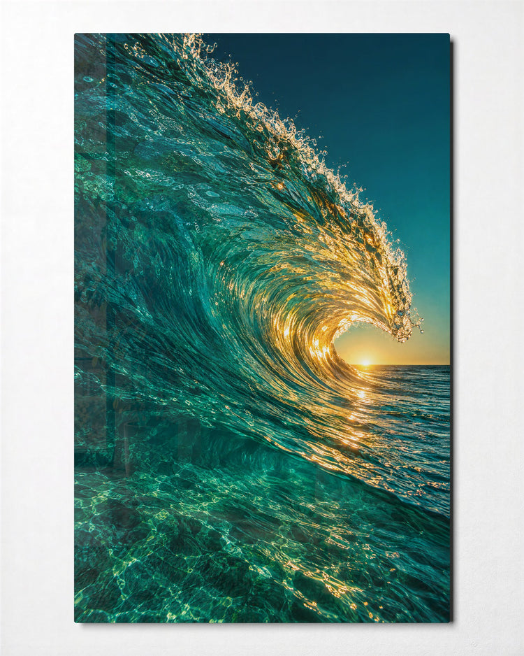 Breaking Wave at Low Sun glass wall art, front view