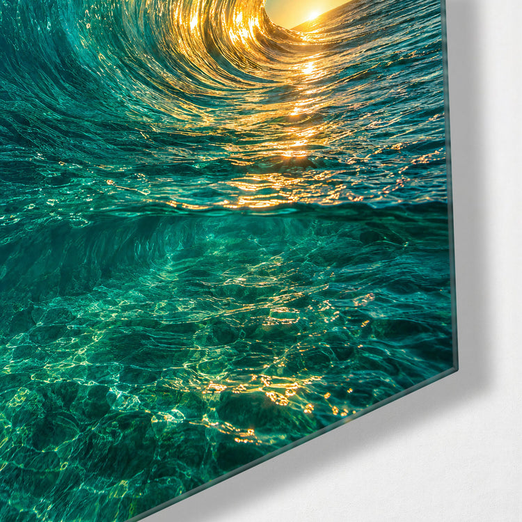 Breaking Wave at Low Sun glass wall art, corner view