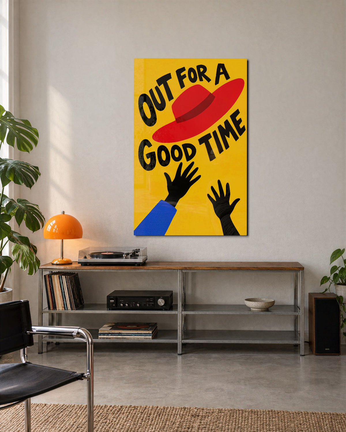 Hands Up, Hat On glass wall art, lifestyle view