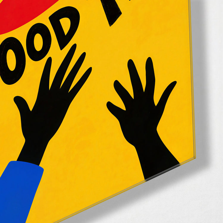 Hands Up, Hat On glass wall art, corner view