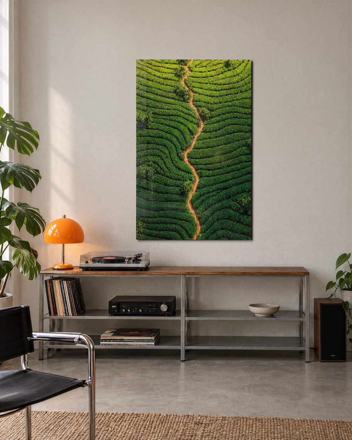 Curved Crops, One Brown Seam glass wall art, lifestyle view